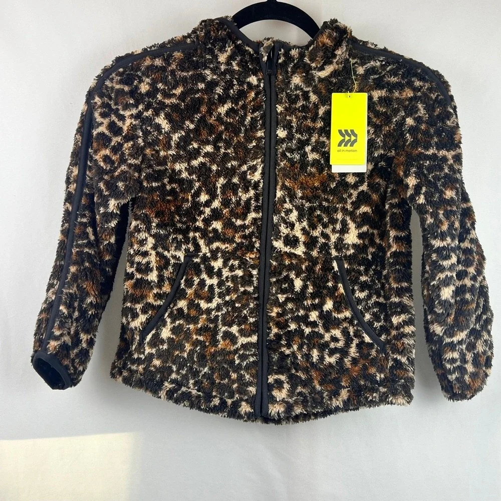 All in Motion Girls Leopard Print Sherpa Zip Up Hoodie Jacket Size S 6/7 New